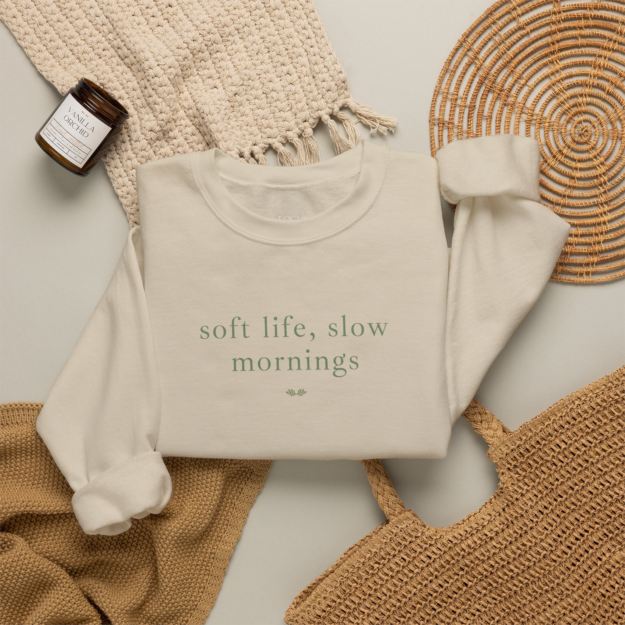 Crewneck Sweatshirt — "soft life, slow mornings" Minimal Cozy Pullover
